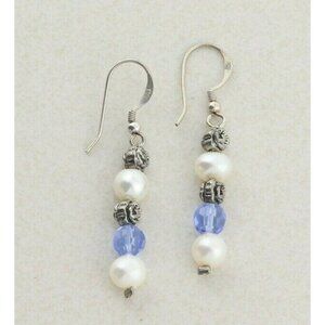 Sterling Silver Pearl and Flower Blue Earrings Dangle Drop Earrings